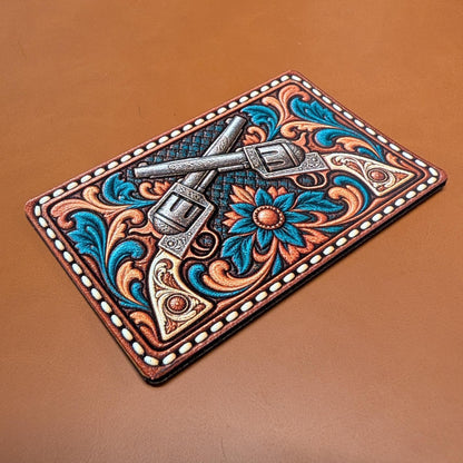 Crossed Revolvers Western Hat Patch, Tooled Leather Cowboy Guns Floral Patch, Turquoise Western Trucker Hat Patch, UV Printed Leatherette
