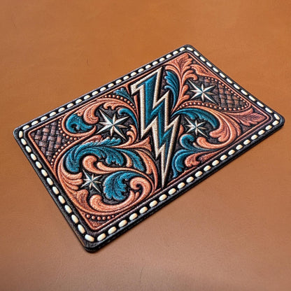 Western Lightning Bolt Hat Patch, Turquoise Thunderbolt Tooled Leather Patch, Retro Western Star Trucker Hat Patch, UV Printed Leatherette