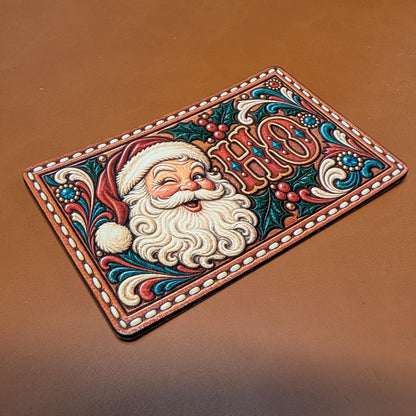 Santa Ho Christmas Hat Patch, Funny Western Christmas Tooled Leather Patch, Winking Santa Claus Trucker Hat Patch, UV Printed Leatherette