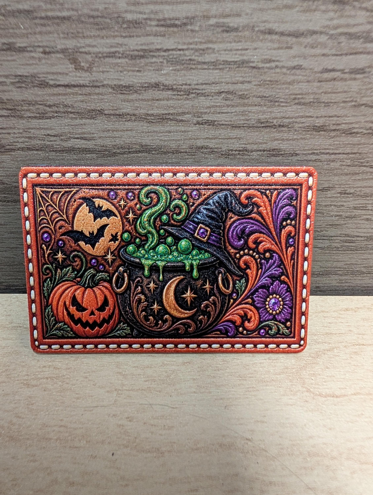 Halloween Witch Cauldron Hat Patch, Western Tooled Leather Halloween Patch, Jack O Lantern and Bats Trucker Patch, UV Printed Leatherette