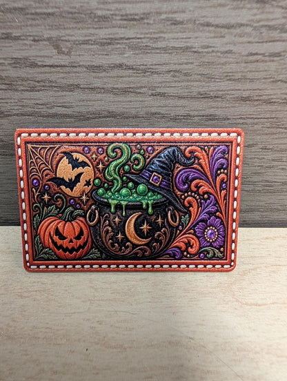 Halloween Witch Cauldron Hat Patch, Western Tooled Leather Halloween Patch, Jack O Lantern and Bats Trucker Patch, UV Printed Leatherette
