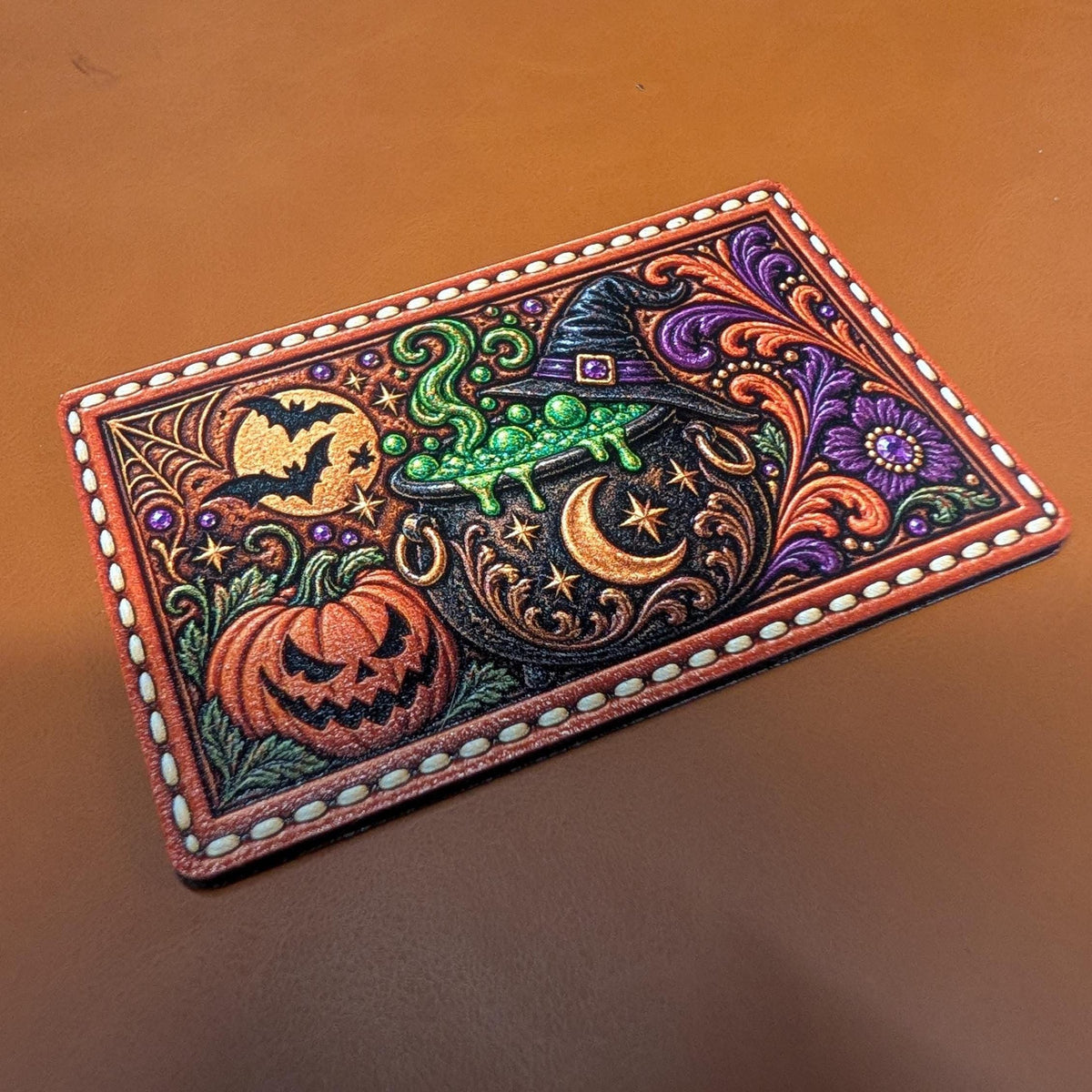 Halloween Witch Cauldron Hat Patch, Western Tooled Leather Halloween Patch, Jack O Lantern and Bats Trucker Patch, UV Printed Leatherette
