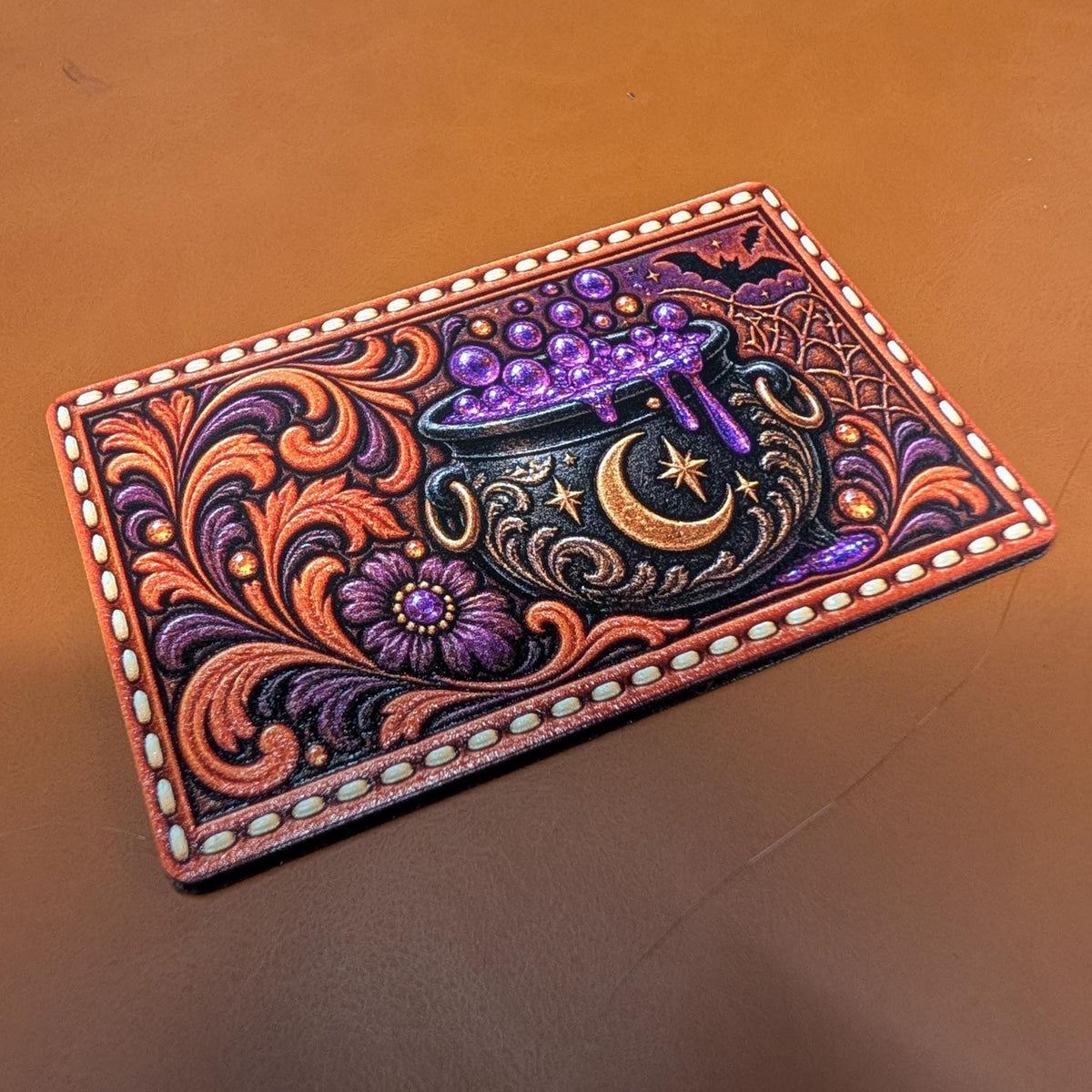 Witch Cauldron Halloween Hat Patch, Western Tooled Leather Witchy Patch, Purple Potion Cauldron Trucker Hat Patch, UV Printed Leatherette
