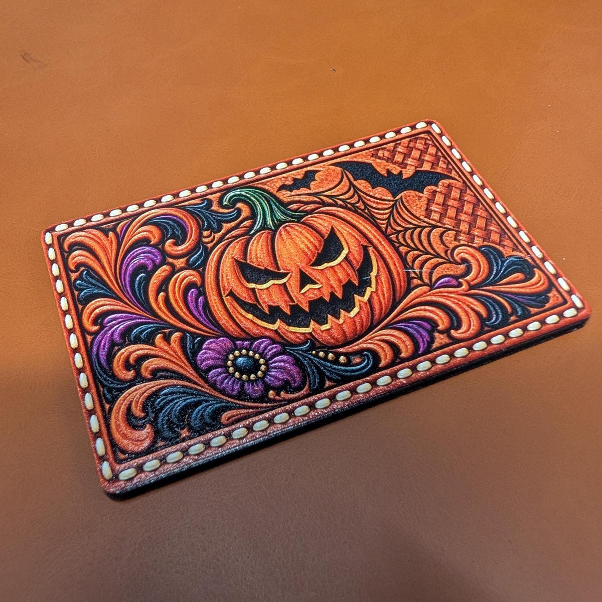 Jack O Lantern Halloween Hat Patch, Western Tooled Leather Pumpkin Patch, Spooky Bats and Spiderweb Trucker Patch, UV Printed Leatherette