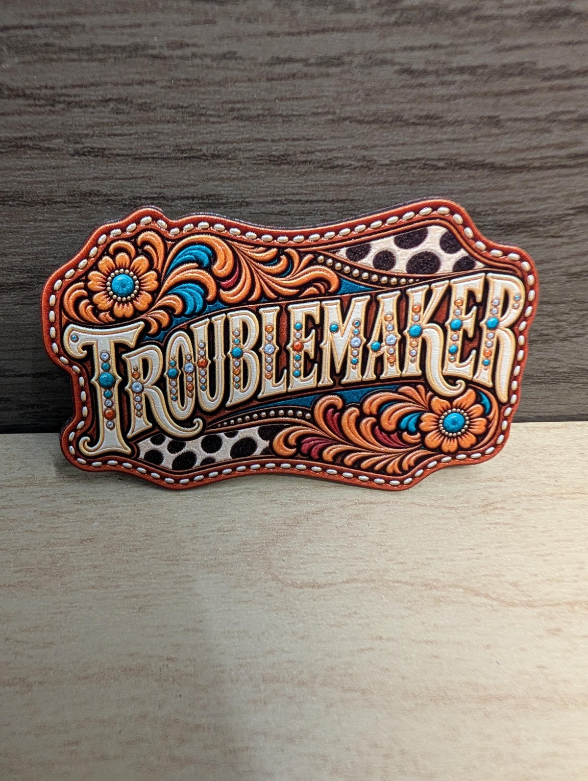 Troublemaker Western Hat Patch, Sassy Cowgirl Tooled Leatherette Patch, Turquoise Floral Cow Print Trucker Hat Patch, UV Printed