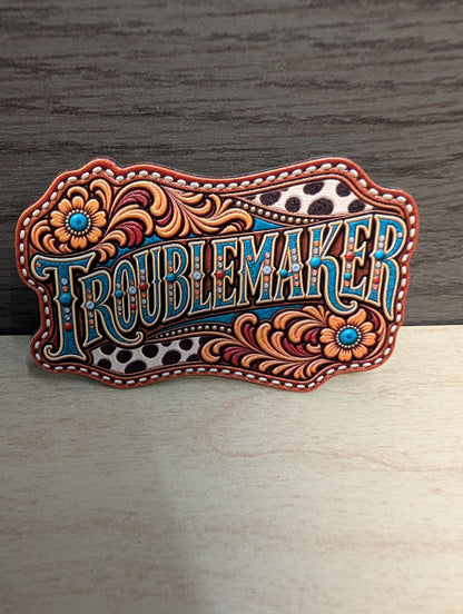 Troublemaker Western Hat Patch, Turquoise Cowgirl Tooled Leatherette Patch, Cow Print Floral Trucker Hat Patch, Sassy Western Design