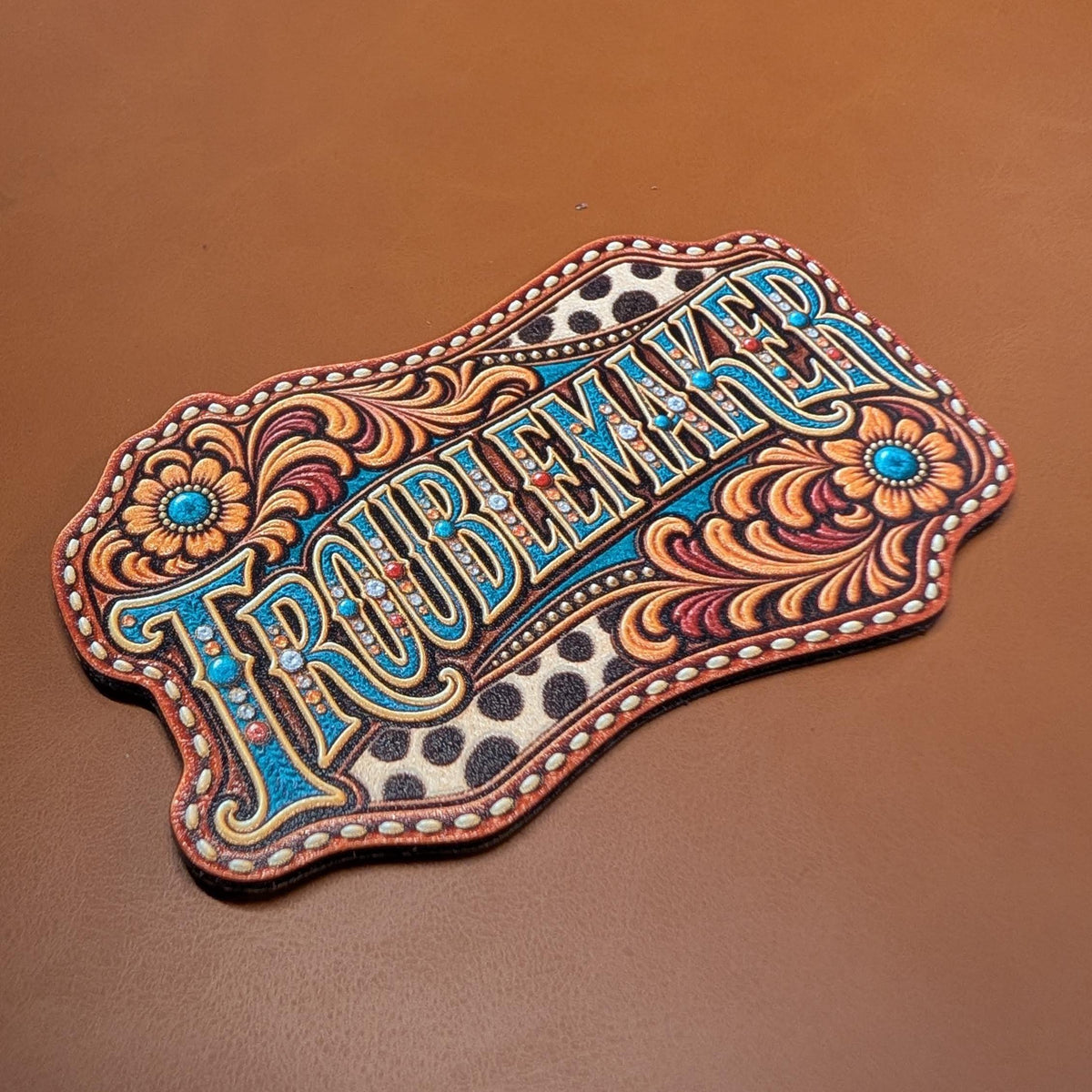 Troublemaker Western Hat Patch, Turquoise Cowgirl Tooled Leatherette Patch, Cow Print Floral Trucker Hat Patch, Sassy Western Design