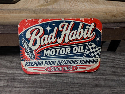 Bad Habit Motor Oil Vintage Garage Hat Patch, Funny Mechanic Gift, Retro Automotive Racing Patch, UV Printed Leatherette Hat Patch