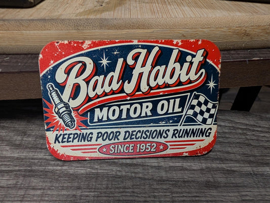 Bad Habit Motor Oil Vintage Garage Hat Patch, Funny Mechanic Gift, Retro Automotive Racing Patch, UV Printed Leatherette Hat Patch