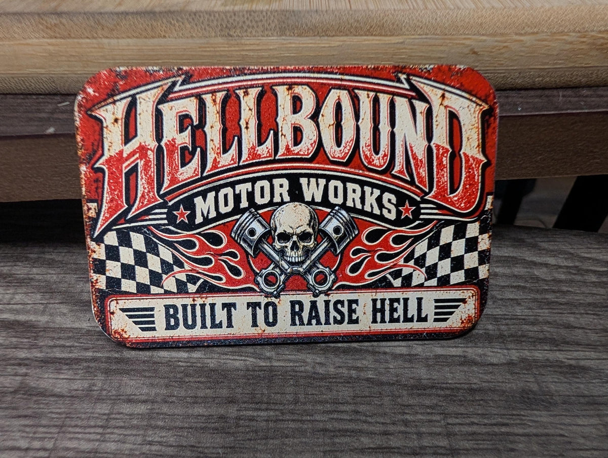 Hellbound Motor Works Vintage Garage Hat Patch, Built to Raise Hell Skull Biker Patch, Retro Hot Rod UV Printed Leatherette Patch