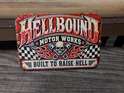 Hellbound Motor Works Vintage Garage Hat Patch, Built to Raise Hell Skull Biker Patch, Retro Hot Rod UV Printed Leatherette Patch