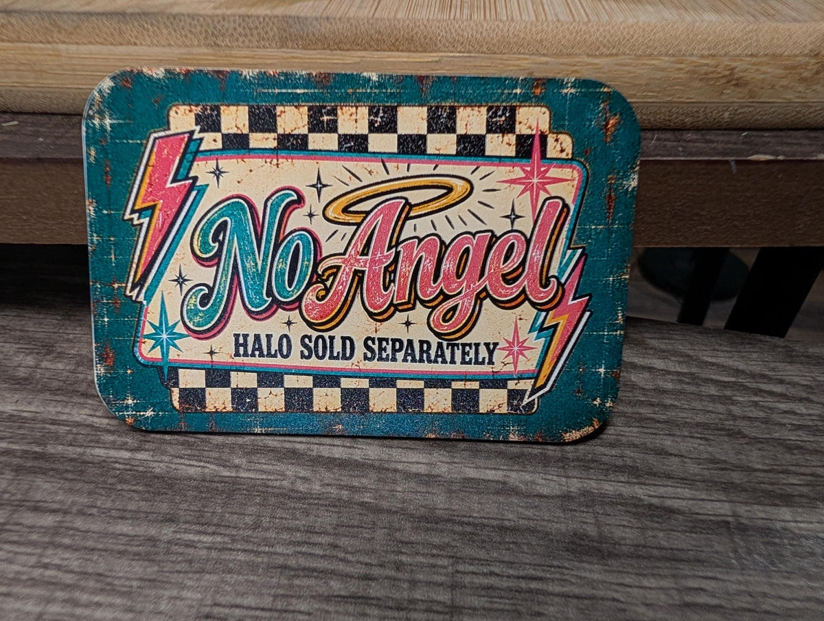 No Angel Halo Sold Separately Vintage Retro Hat Patch, Funny Sarcastic Saying, Rockabilly UV Printed Leatherette Trucker Hat Patch
