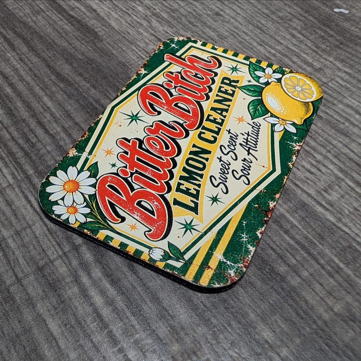 Bitter Bitch Lemon Cleaner Vintage Hat Patch, Sweet Scent Sour Attitude Funny Saying, Retro Floral UV Printed Leatherette Patch