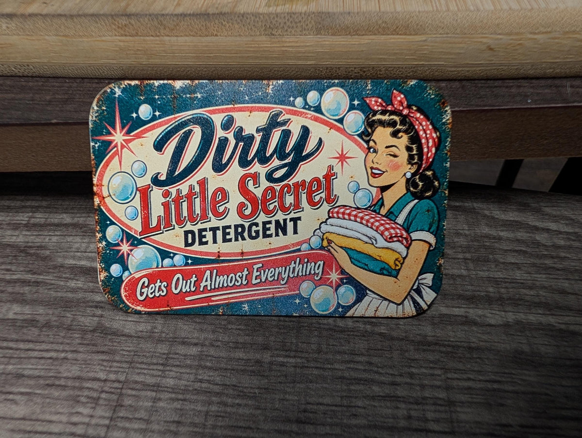 Dirty Little Secret Detergent Vintage Hat Patch, Funny Retro Pinup Girl, Sarcastic Laundry Humor, UV Printed Leatherette Trucker Hat Patch