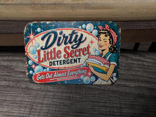 Dirty Little Secret Detergent Vintage Hat Patch, Funny Retro Pinup Girl, Sarcastic Laundry Humor, UV Printed Leatherette Trucker Hat Patch