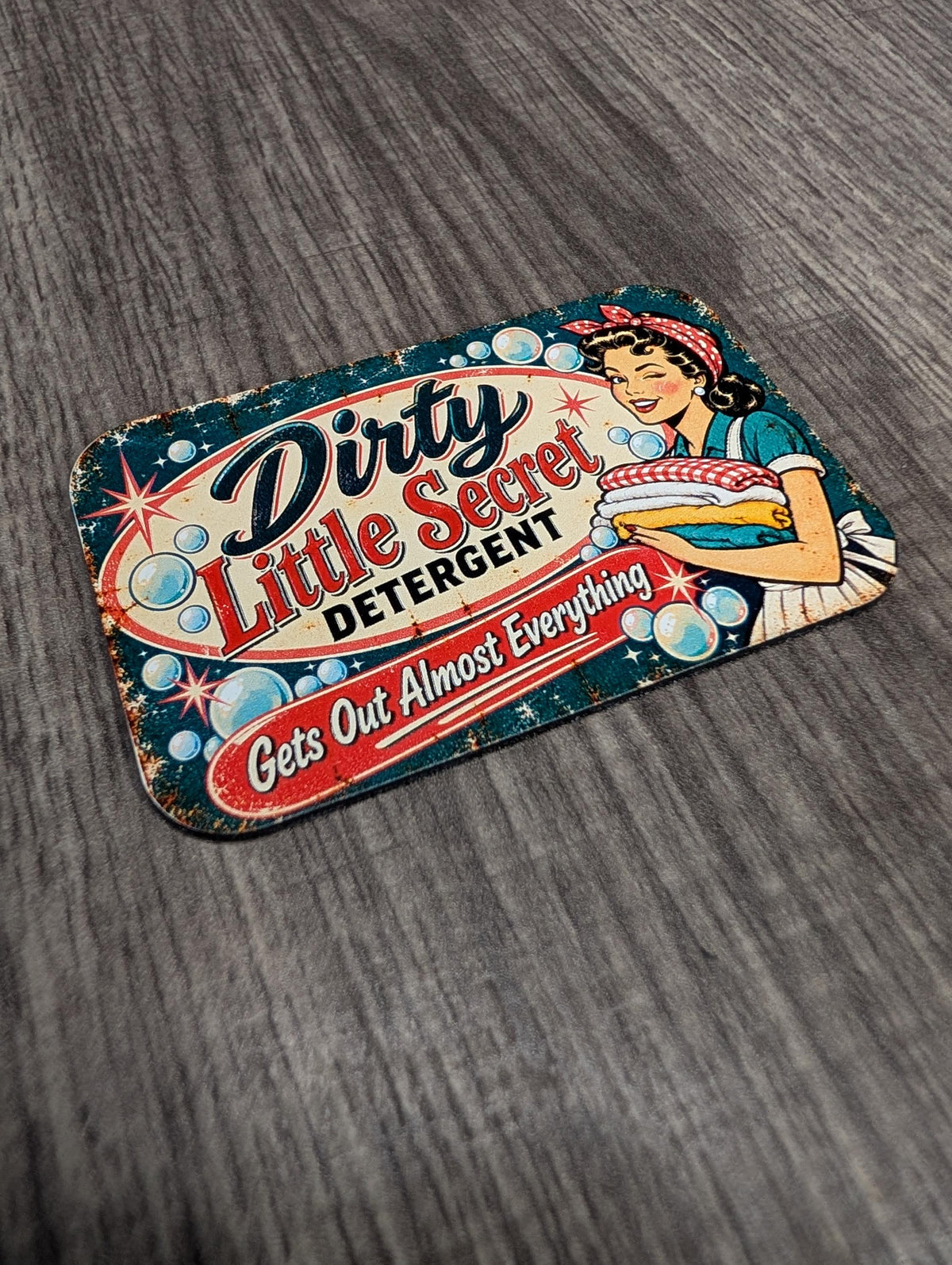 Dirty Little Secret Detergent Vintage Hat Patch, Funny Retro Pinup Girl, Sarcastic Laundry Humor, UV Printed Leatherette Trucker Hat Patch