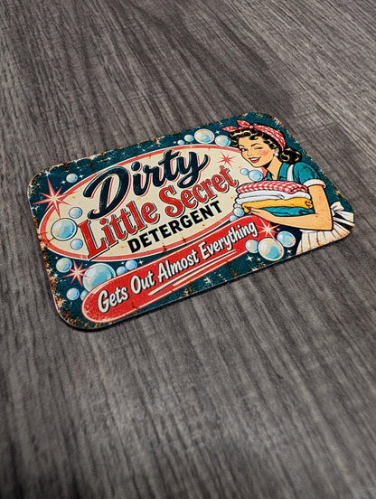 Dirty Little Secret Detergent Vintage Hat Patch, Funny Retro Pinup Girl, Sarcastic Laundry Humor, UV Printed Leatherette Trucker Hat Patch