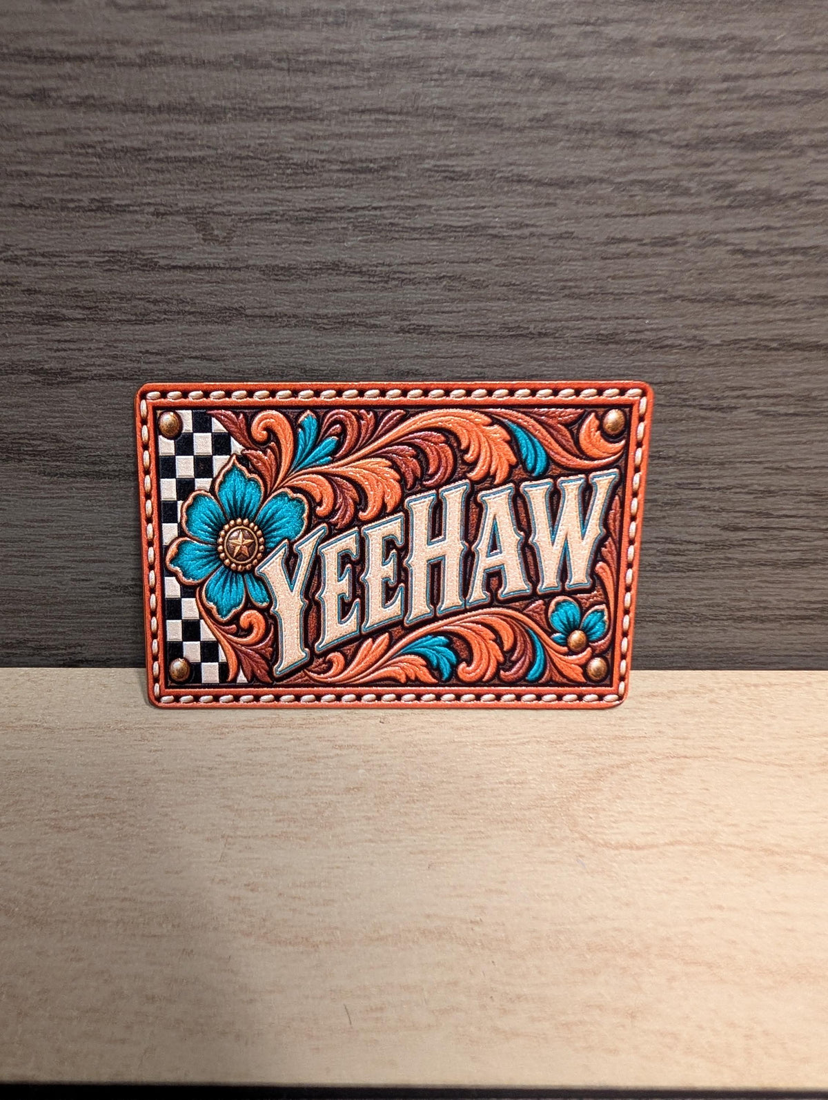 Yeehaw Western Tooled Leather Hat Patch, Turquoise Floral Cowgirl Patch, Retro Rodeo Trucker Hat Patch, UV Printed Leatherette Patch