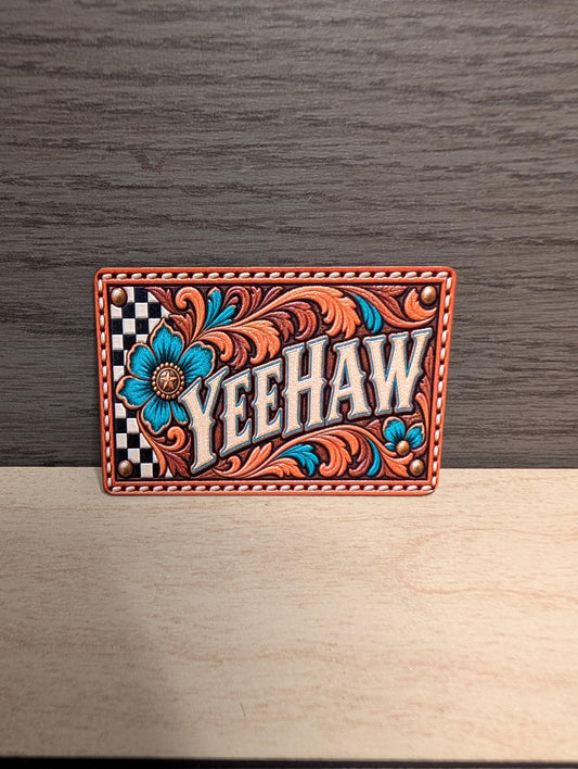 Yeehaw Western Tooled Leather Hat Patch, Turquoise Floral Cowgirl Patch, Retro Rodeo Trucker Hat Patch, UV Printed Leatherette Patch