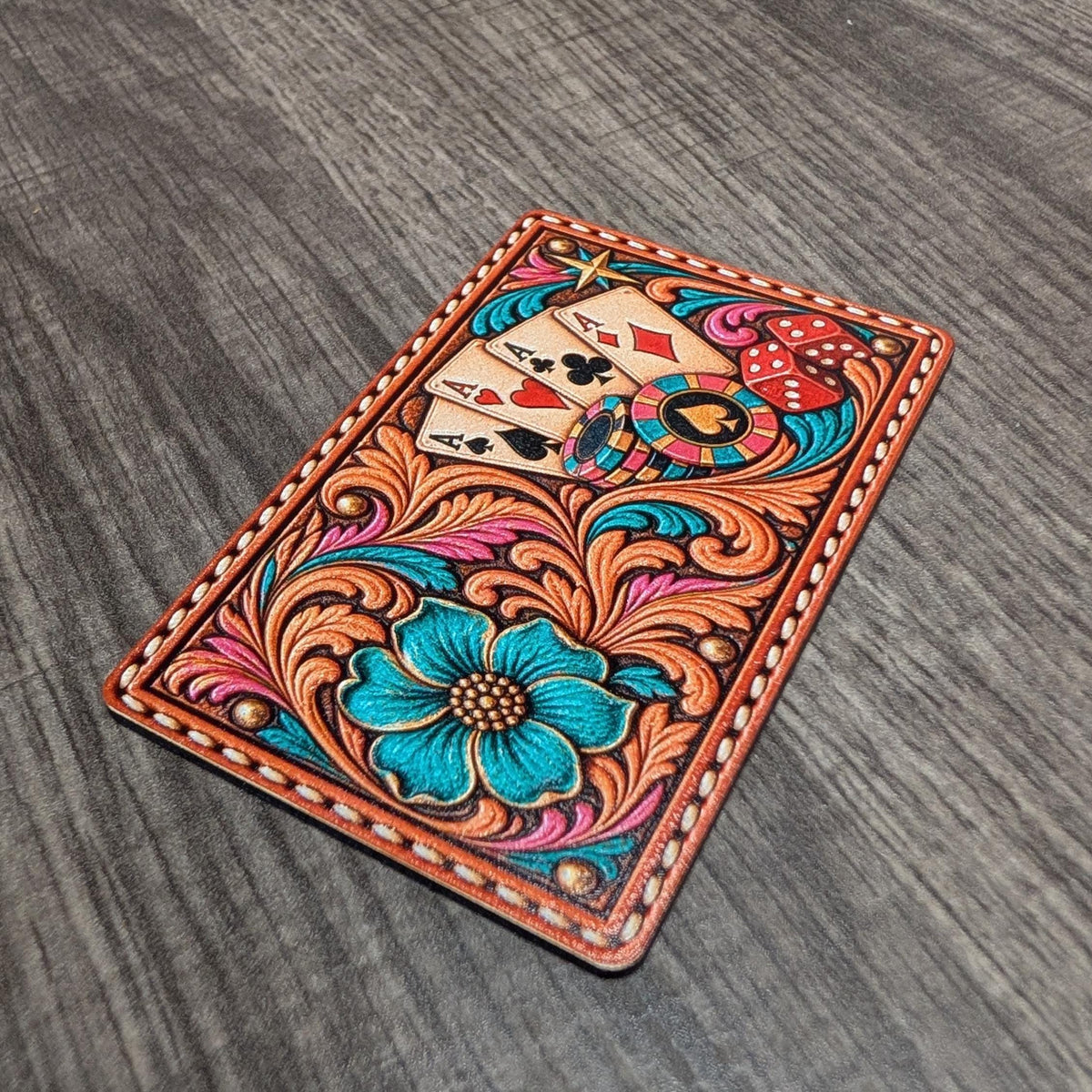 Western Poker Trucker Hat Patch, Four Aces Playing Cards, Tooled Leather Casino Patch, Turquoise Floral Gambling UV Printed Leatherette