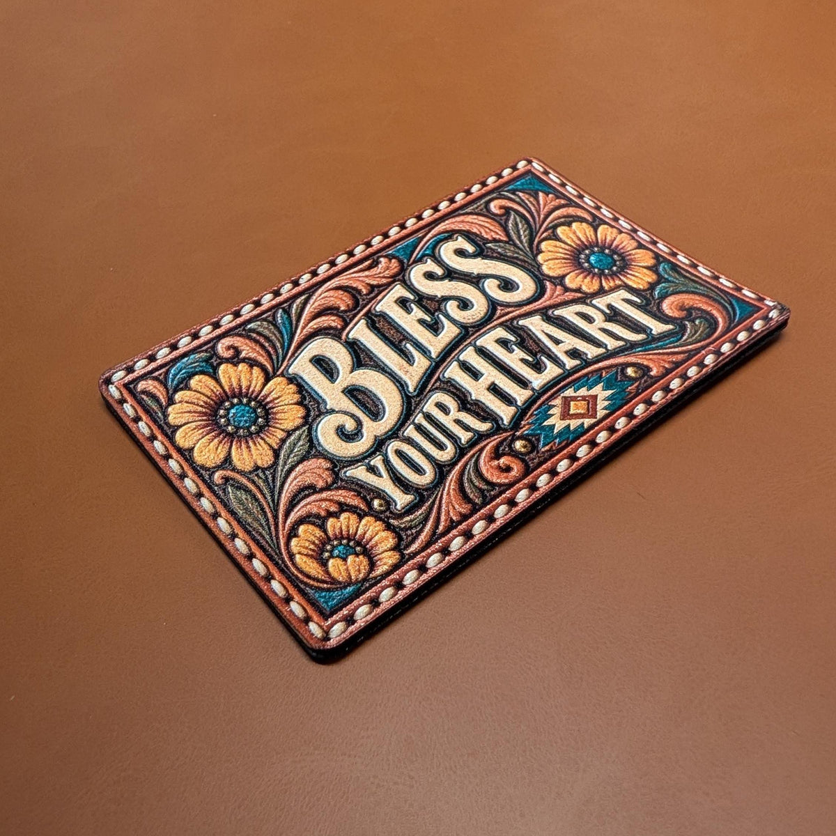 Bless Your Heart Western Tooled Leather Hat Patch, Southern Saying Patch, Turquoise Floral Cowgirl Trucker Hat Patch, UV Printed Leatherette