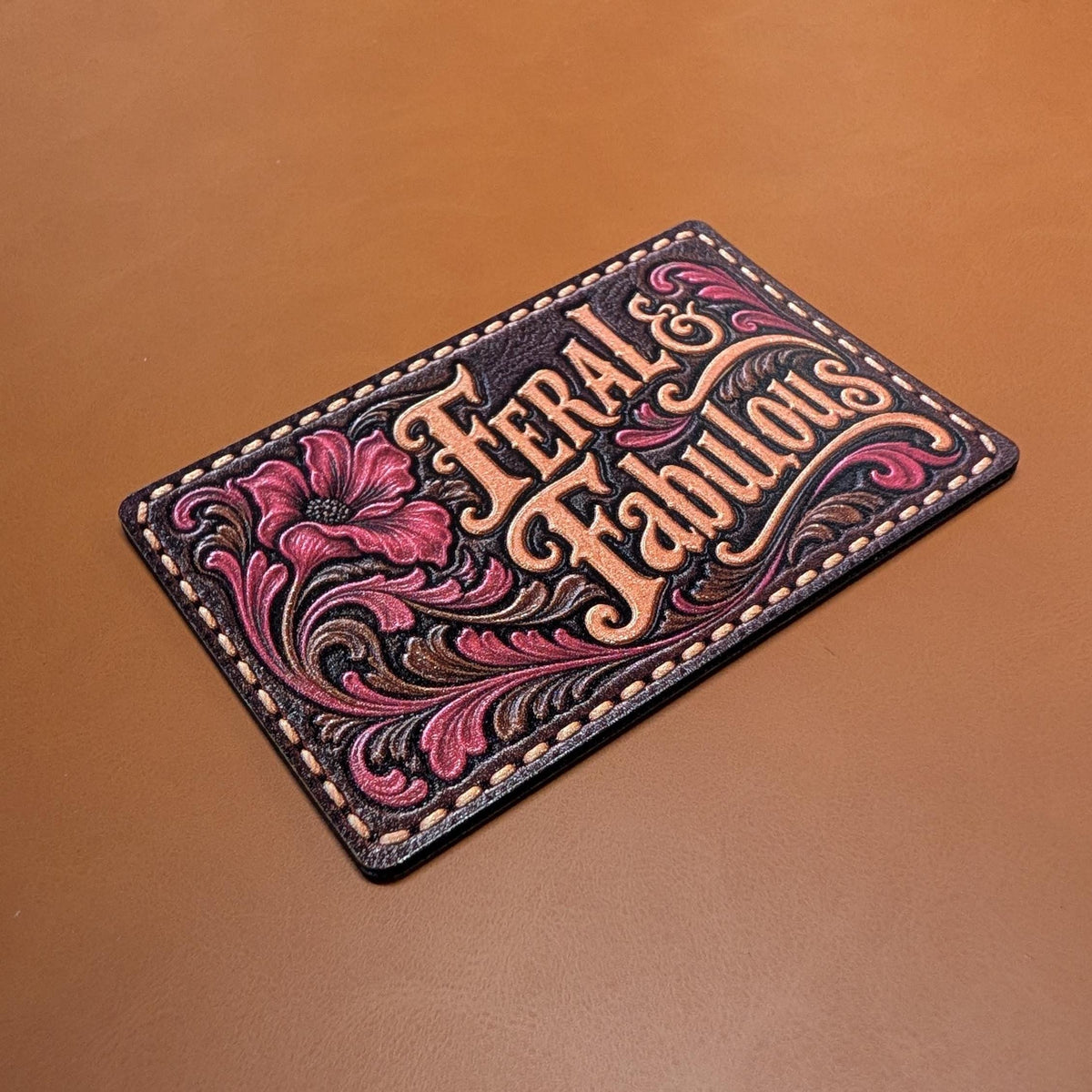 Feral and Fabulous Western Tooled Leather Hat Patch, Sassy Cowgirl Floral Patch, Pink Western Trucker Hat Patch, UV Printed Leatherette