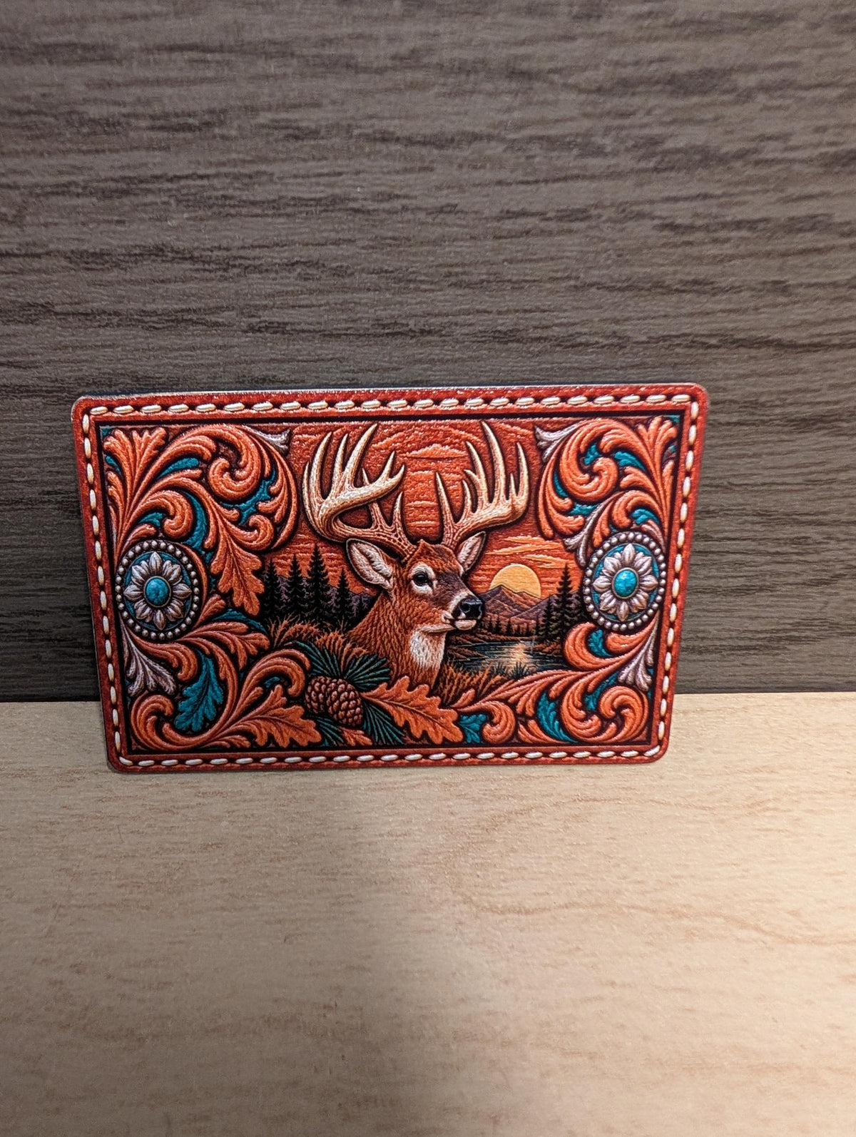 Whitetail Deer Hunting Hat Patch, Trophy Buck Sunset Design, Western Tooled Leatherette Patch, Deer Hunter Trucker Patch, Rustic Outdoors