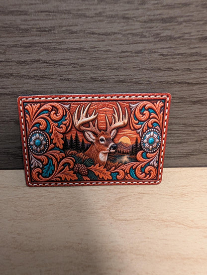 Whitetail Deer Hunting Hat Patch, Trophy Buck Sunset Design, Western Tooled Leatherette Patch, Deer Hunter Trucker Patch, Rustic Outdoors