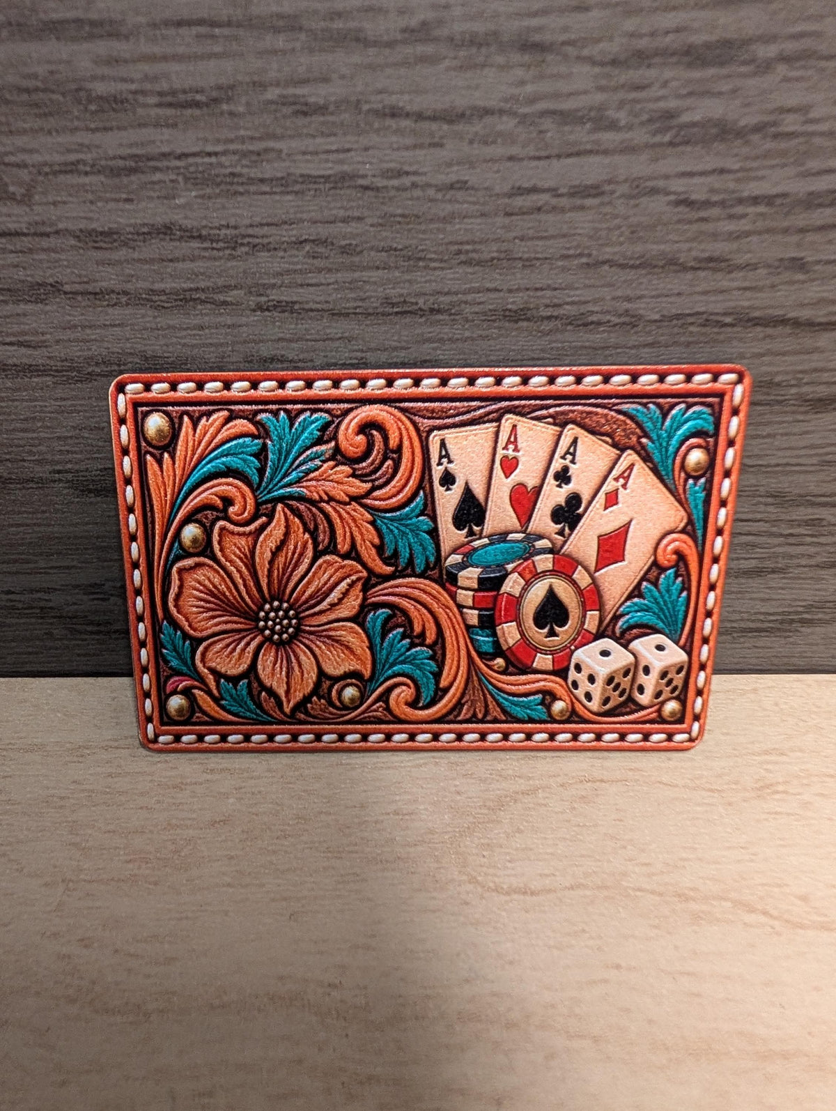 Four Aces Poker Hat Patch, Western Tooled Leatherette Patch, Playing Cards and Poker Chips, Casino Gambling Trucker Patch, Lucky Aces Design