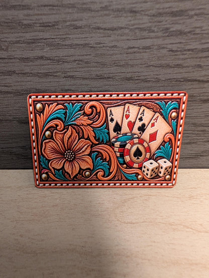 Four Aces Poker Hat Patch, Western Tooled Leatherette Patch, Playing Cards and Poker Chips, Casino Gambling Trucker Patch, Lucky Aces Design