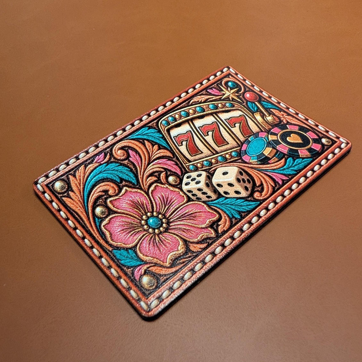 Lucky 777 Slot Machine Western Hat Patch, Casino Gambling Tooled Leatherette Patch, Poker Chips Dice Cowgirl Trucker Hat Patch