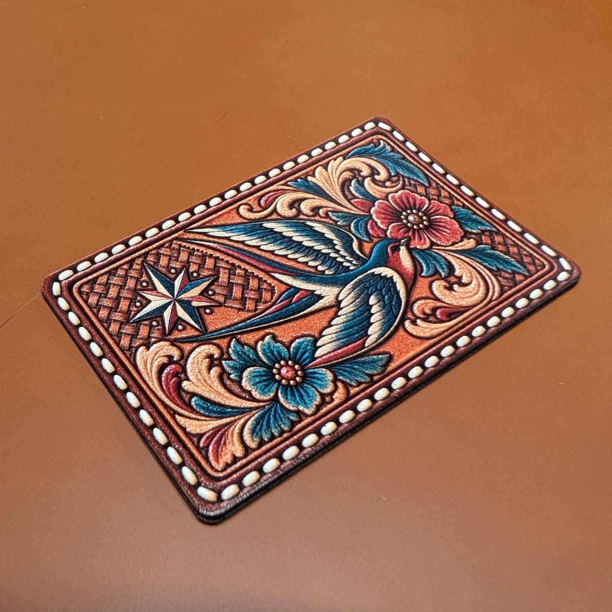 Western Swallow Bird Hat Patch, Tooled Leather Floral Bird Patch, Vintage Sparrow and Compass Star Trucker Hat Patch, UV Printed Leatherette