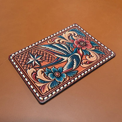 Western Swallow Bird Hat Patch, Tooled Leather Floral Bird Patch, Vintage Sparrow and Compass Star Trucker Hat Patch, UV Printed Leatherette