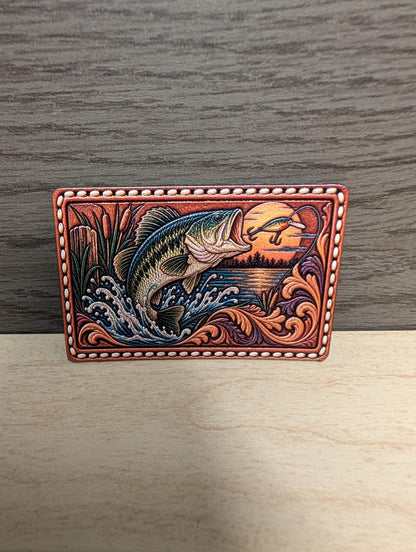 Largemouth Bass Fishing Hat Patch, Western Tooled Bass Patch, Jumping Fish Sunset Lake Design, Fisherman Hat Patch, UV Printed Leatherette
