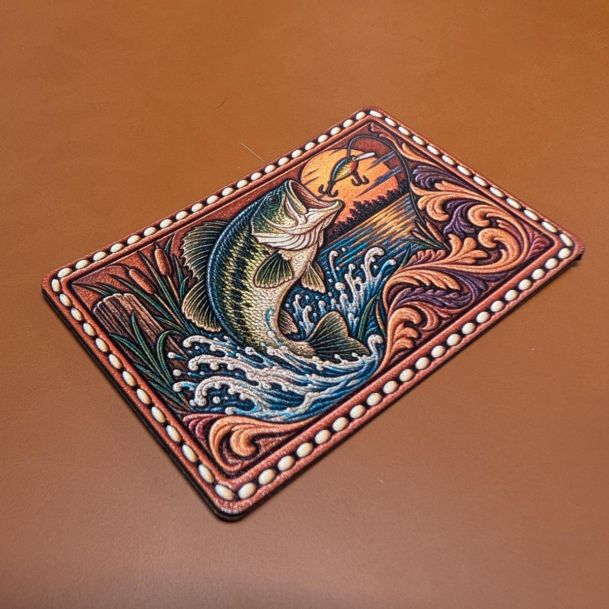 Largemouth Bass Fishing Hat Patch, Western Tooled Bass Patch, Jumping Fish Sunset Lake Design, Fisherman Hat Patch, UV Printed Leatherette