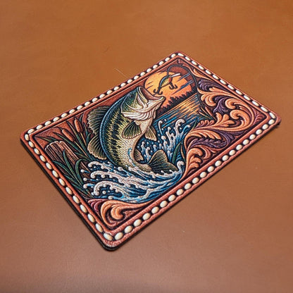 Largemouth Bass Fishing Hat Patch, Western Tooled Bass Patch, Jumping Fish Sunset Lake Design, Fisherman Hat Patch, UV Printed Leatherette
