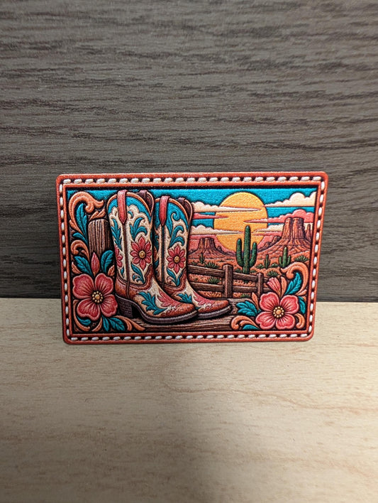 Western Cowgirl Boots Hat Patch, Floral Cowboy Boots Tooled Leather Patch, Southwestern Desert Sunset Trucker Patch, UV Printed Leatherette