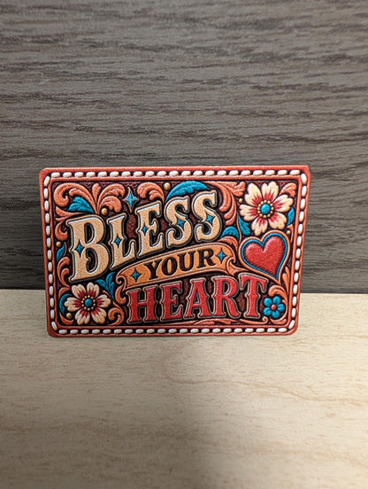 Bless Your Heart Western Hat Patch, Southern Saying Tooled Leather Floral Patch, Sassy Cowgirl Trucker Hat Patch, UV Printed Leatherette