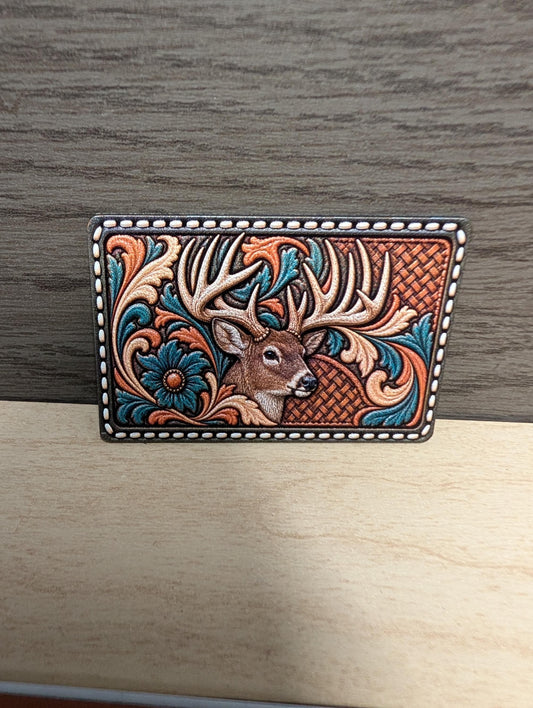 Whitetail Buck Hunting Hat Patch, Western Tooled Leather Deer Patch, Trophy Buck Antlers Floral Trucker Hat Patch, UV Printed Leatherette