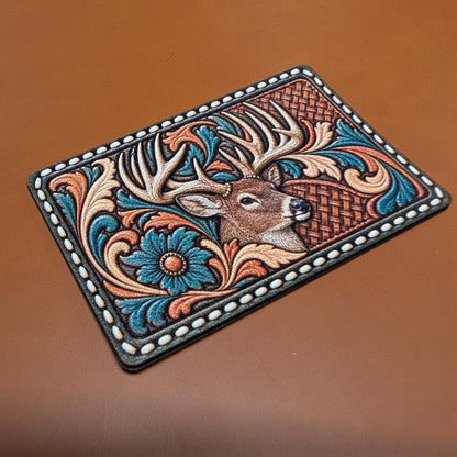Whitetail Buck Hunting Hat Patch, Western Tooled Leather Deer Patch, Trophy Buck Antlers Floral Trucker Hat Patch, UV Printed Leatherette