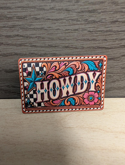 Howdy Western Hat Patch, Retro Cowgirl Tooled Leather Floral Patch, Turquoise Star Checkerboard Trucker Hat Patch, UV Printed Leatherette