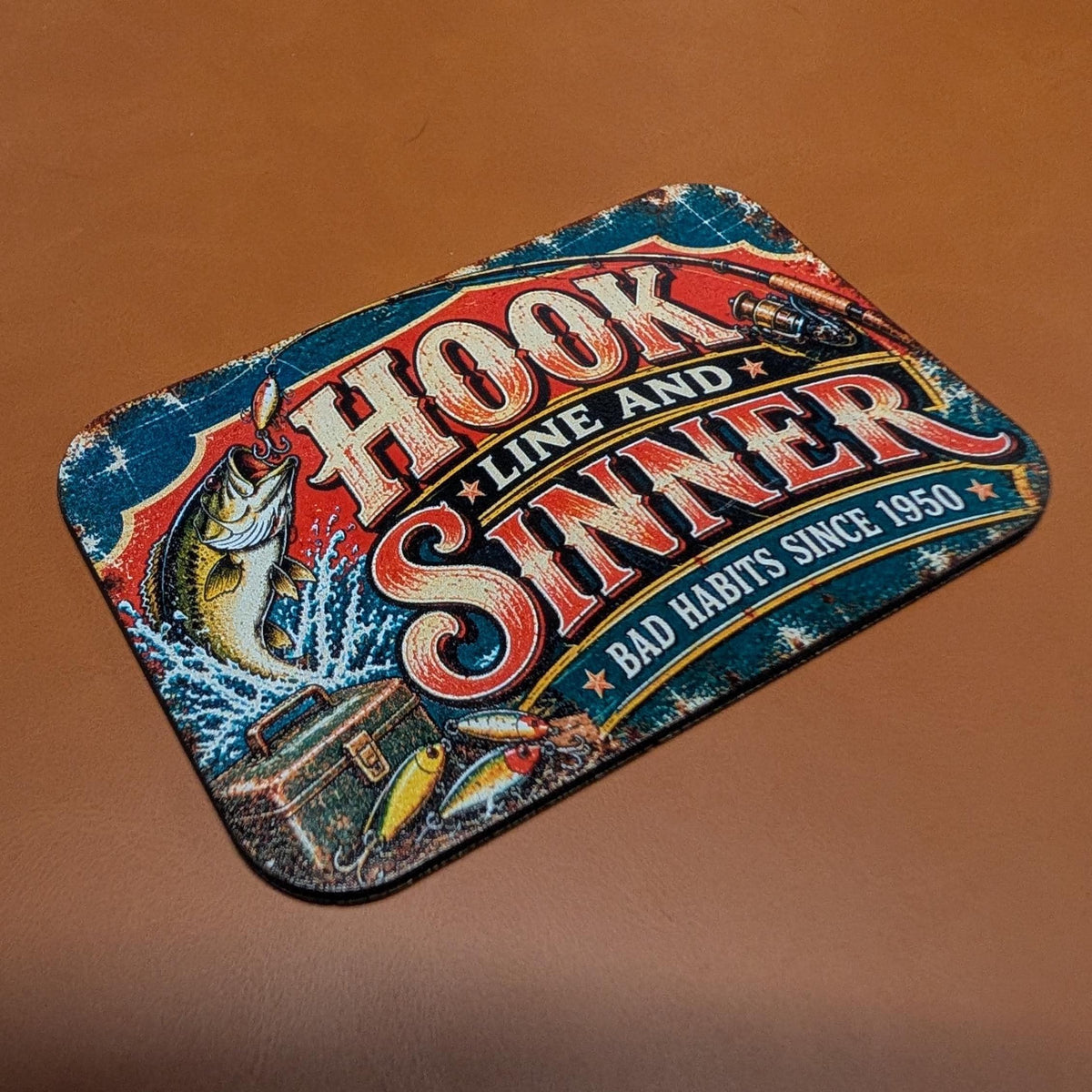 Hook Line and Sinner Fishing Hat Patch, Funny Bass Fishing Trucker Hat Patch, Vintage Metal Sign Fishing Patch, UV Printed Leatherette