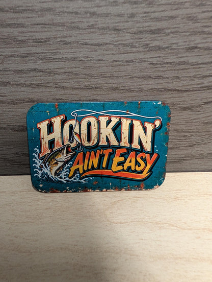 Hookin' Ain't Easy Fishing Hat Patch, Funny Bass Fishing Trucker Hat Patch, Vintage Metal Sign Fishing Patch, UV Printed Leatherette