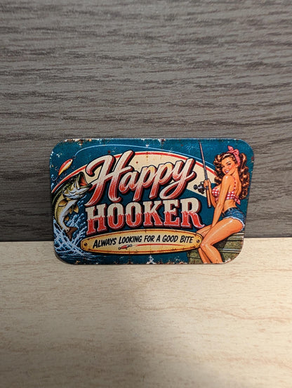 Happy Hooker Fishing Hat Patch, Funny Fishing Pinup Girl Trucker Hat Patch, Vintage Retro Bass Fishing Sign, UV Printed Leatherette