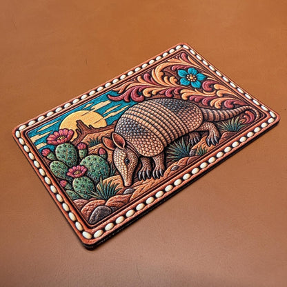 Armadillo Western Hat Patch, Texas Armadillo Tooled Leather Patch, Southwestern Desert Cactus Floral Trucker Patch, UV Printed Leatherette