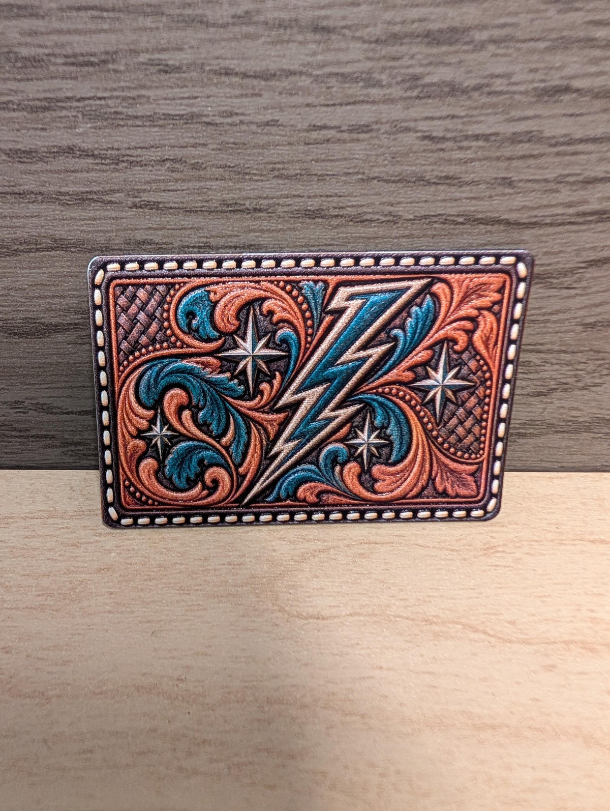 Western Lightning Bolt Hat Patch, Turquoise Thunderbolt Tooled Leather Patch, Retro Western Star Trucker Hat Patch, UV Printed Leatherette