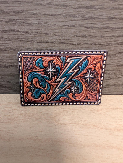 Western Lightning Bolt Hat Patch, Turquoise Thunderbolt Tooled Leather Patch, Retro Western Star Trucker Hat Patch, UV Printed Leatherette