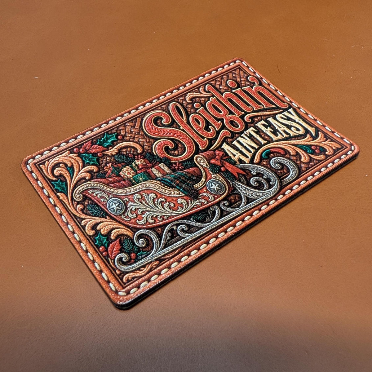 Sleighin' Ain't Easy Christmas Hat Patch, Funny Western Christmas Tooled Leather Patch, Santa Sleigh Trucker Patch, UV Printed Leatherette