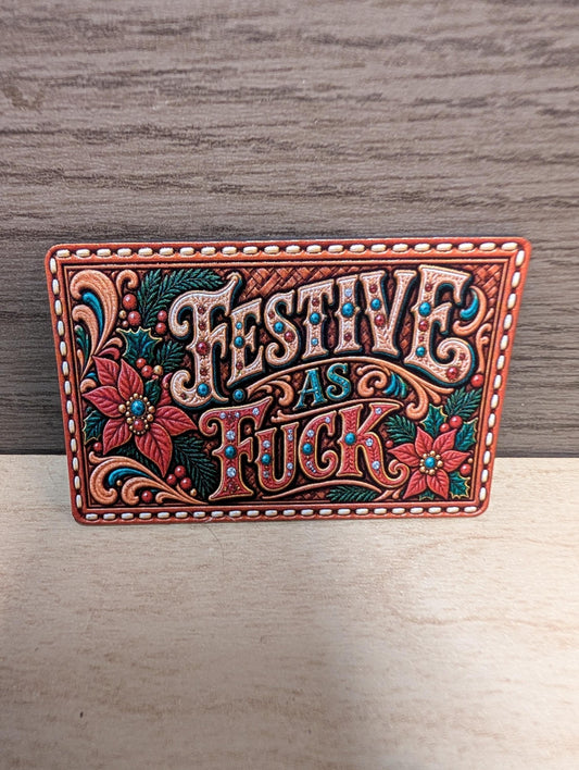 Festive as Fuck Christmas Hat Patch, Funny Western Christmas Tooled Leather Patch, Sassy Cowgirl Holiday Patch, UV Printed Leatherette