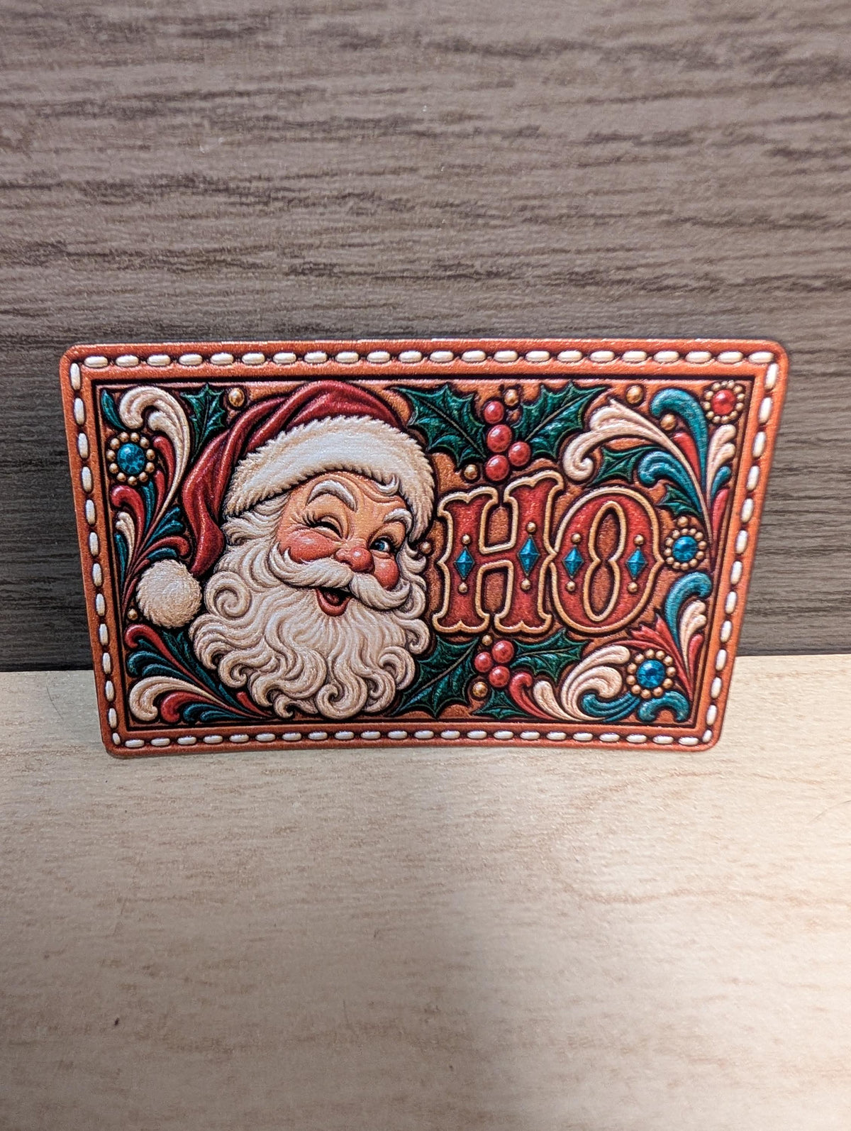 Santa Ho Christmas Hat Patch, Funny Western Christmas Tooled Leather Patch, Winking Santa Claus Trucker Hat Patch, UV Printed Leatherette